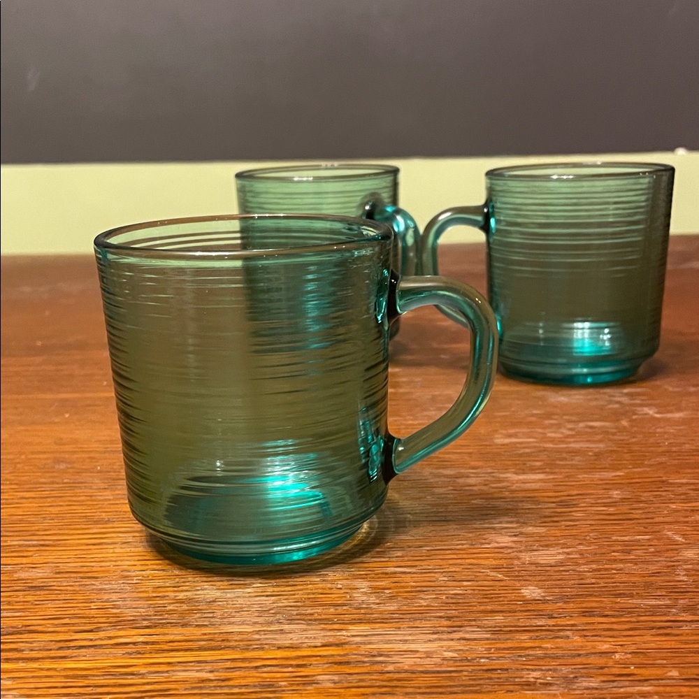 Set of 3 Teal Glass Mug Arcoroc France